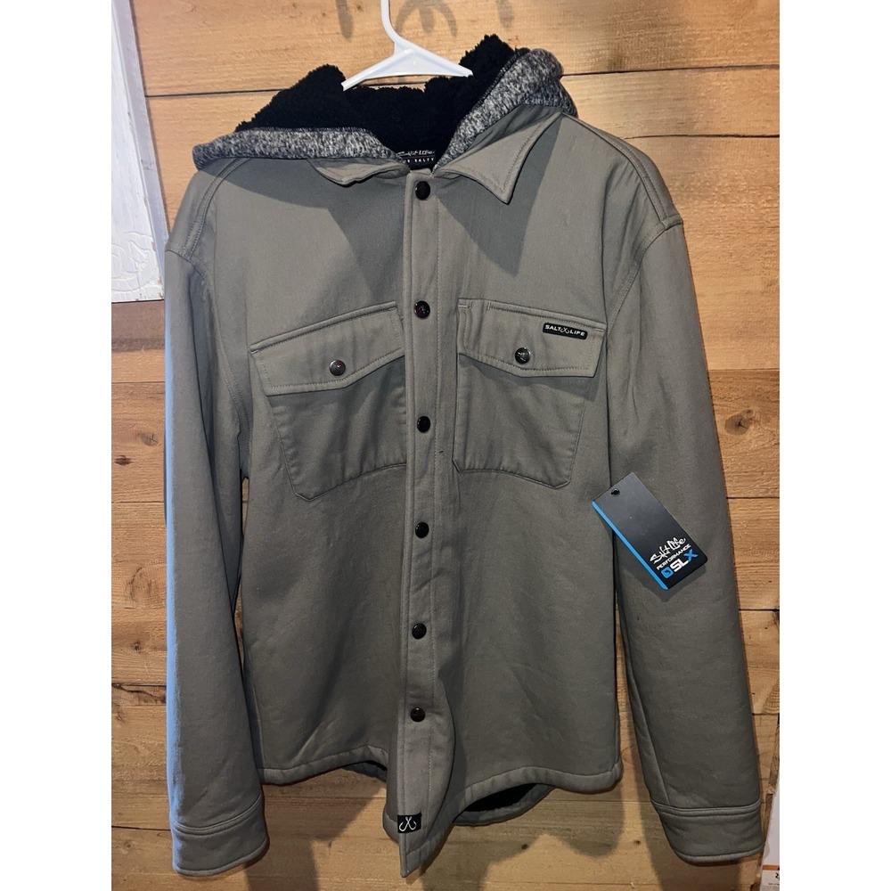 Salt Life Men's Gray Fishing Hooded Lined Button-Front Shacket Jacket Size L